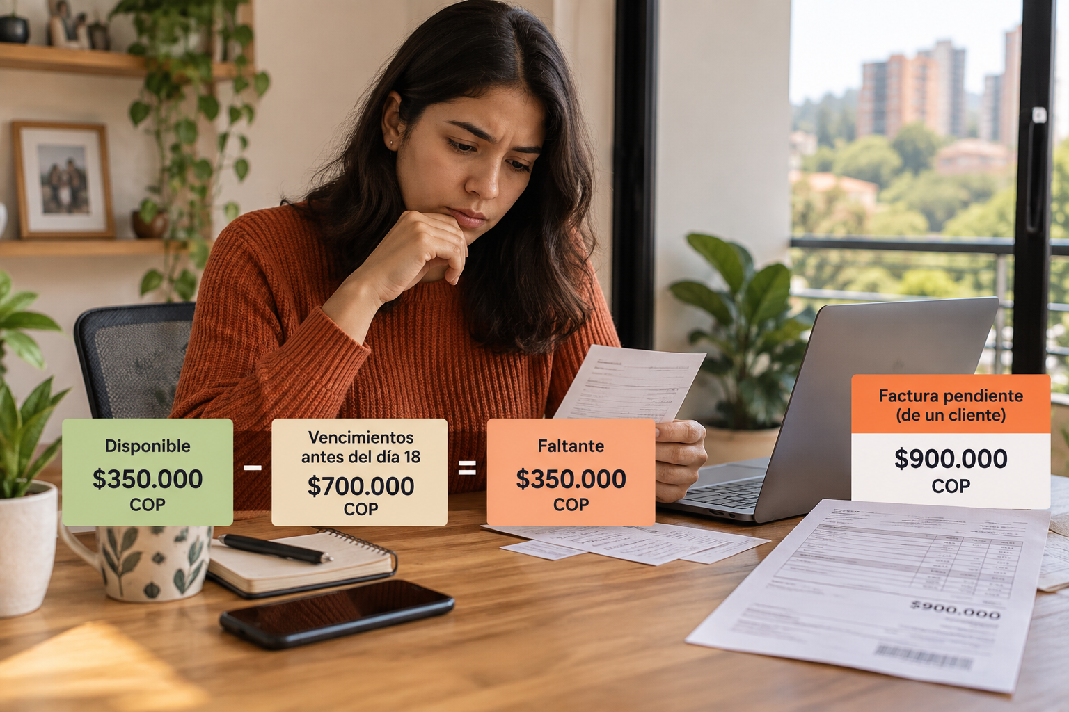 Comparación de $350.000 COP disponibles y $700.000 COP por pagar, con faltante de $350.000 COP