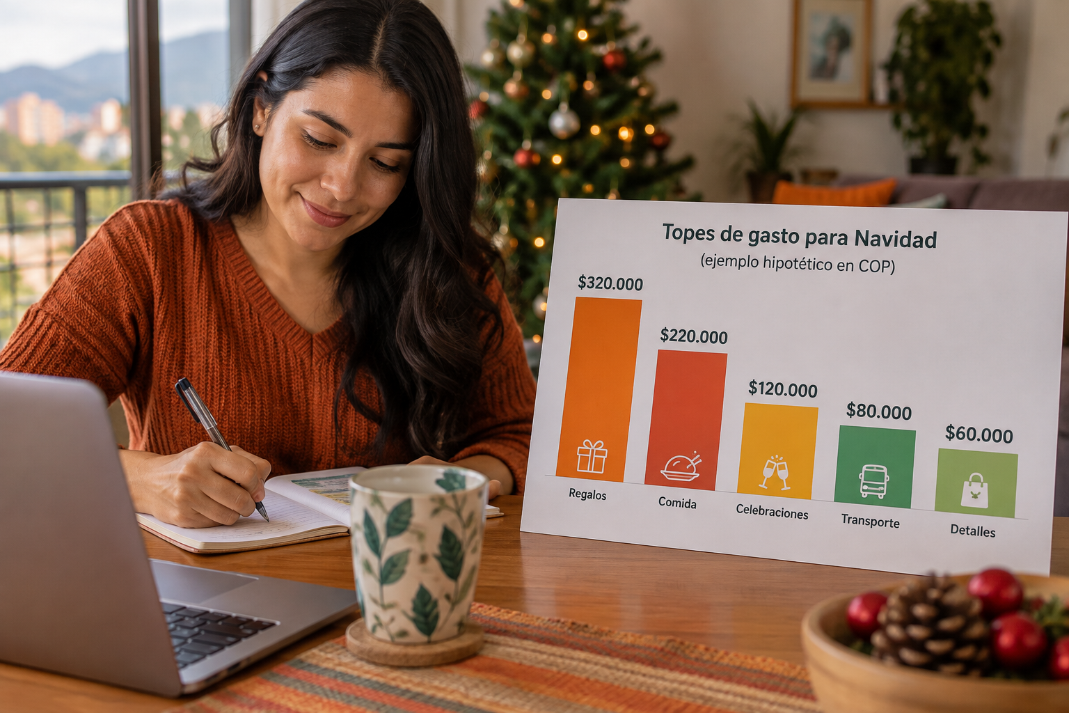 Distribución del presupuesto navideño hipotético de $800.000 COP en cinco categorías.