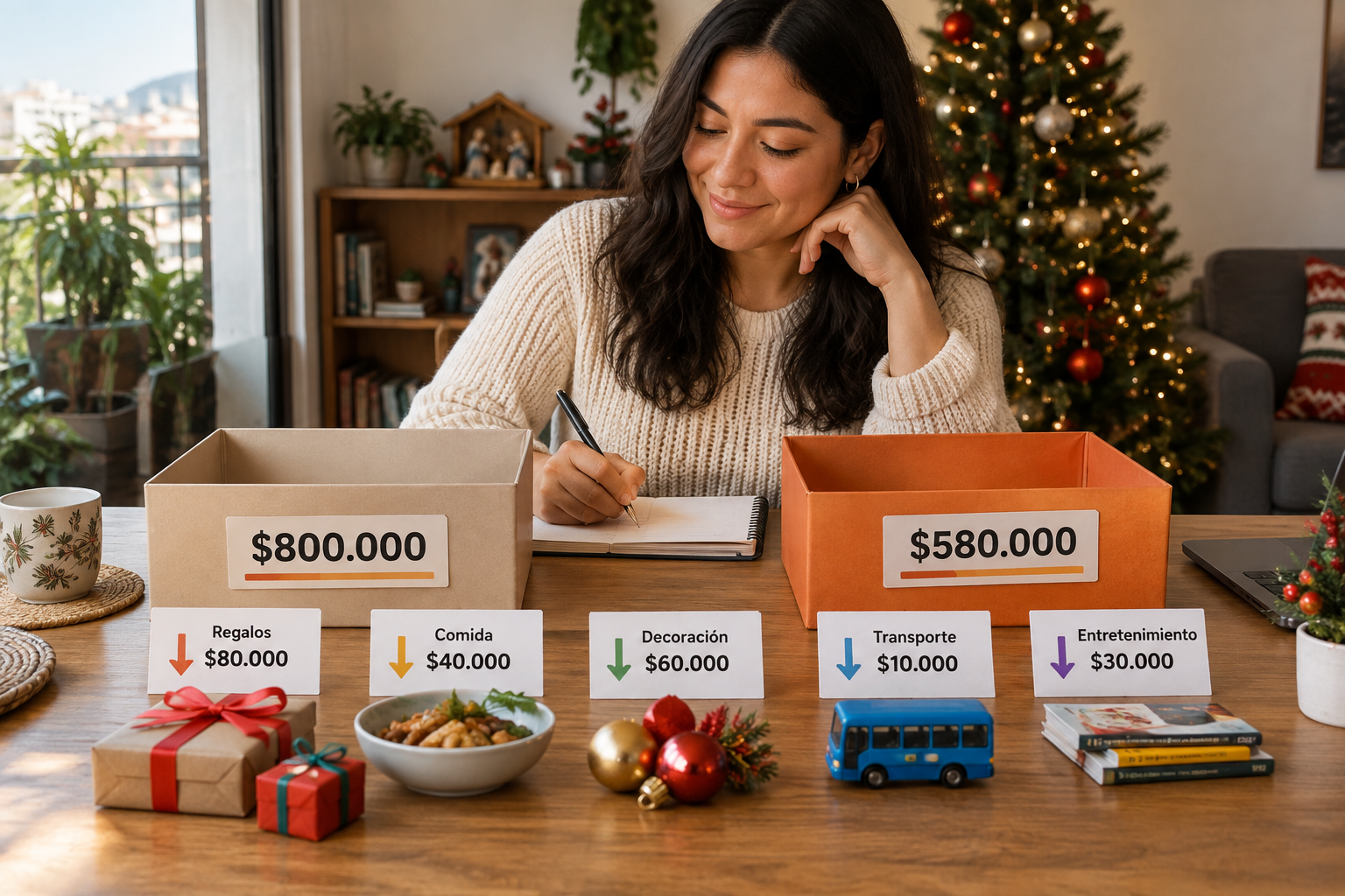 Recortes de $220.000 COP para ajustar la Navidad a un presupuesto disponible de $580.000 COP.