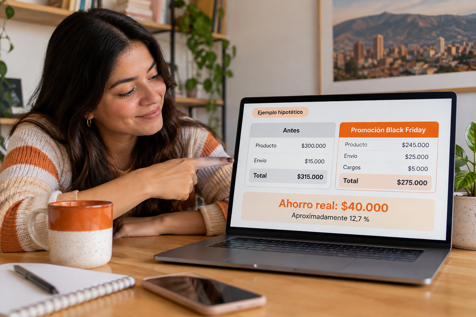 Comparación hipotética: total anterior de $315.000 y promocional de $275.000, con ahorro real de $40.000