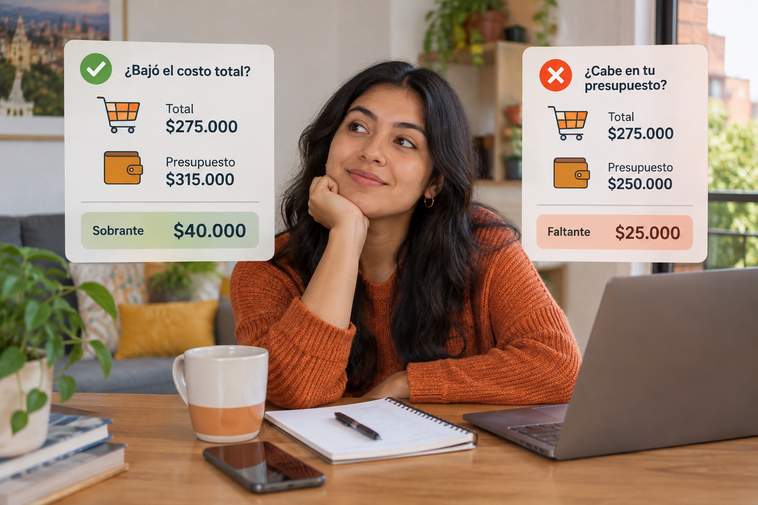 Una compra de $275.000 deja $40.000 de un presupuesto de $315.000, pero supera en $25.000 uno de $250.000