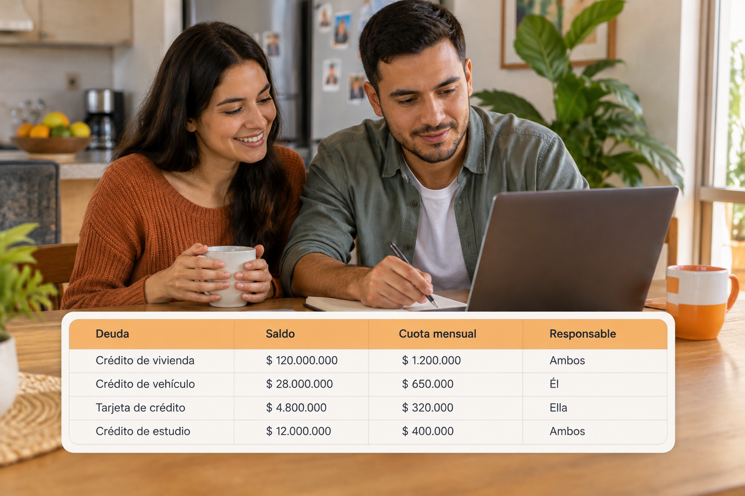 Tabla para organizar deudas en pareja con saldo cuota y responsable