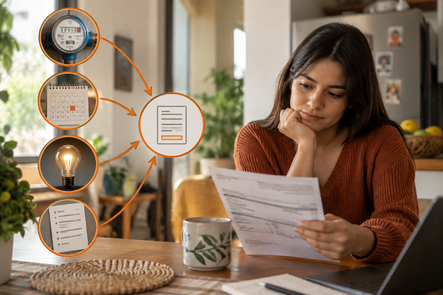 Componentes que explican una factura de servicios alta: consumo, días, tarifa y otros cobros