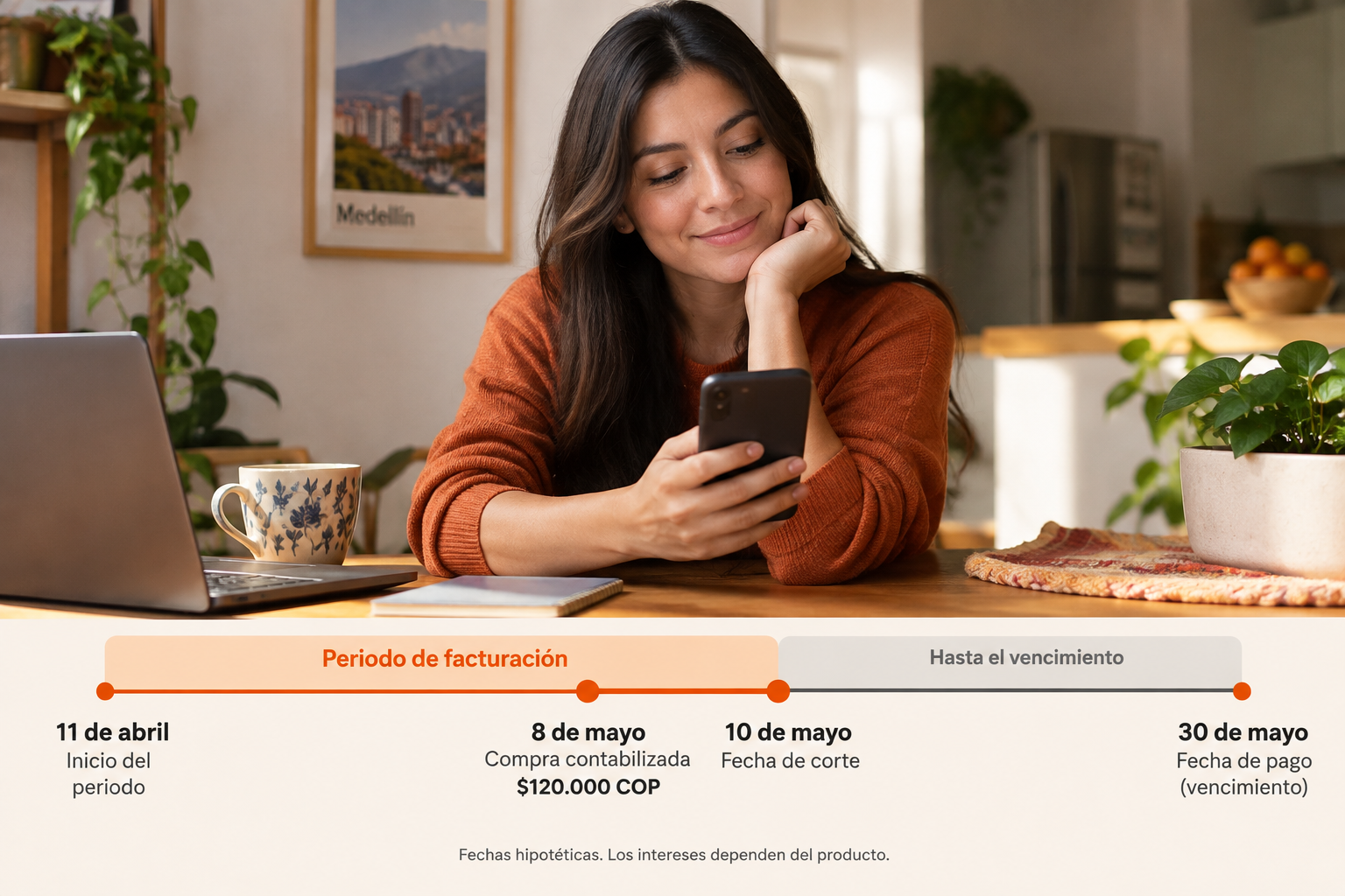 Ciclo hipotético: una compra contabilizada el 8 de mayo entra al corte del 10 de mayo, con vencimiento el 30.