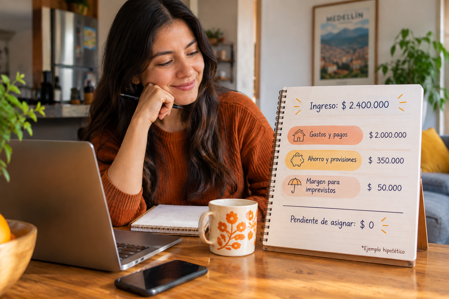 Distribución hipotética de $2.400.000 COP con $350.000 para ahorro y provisiones