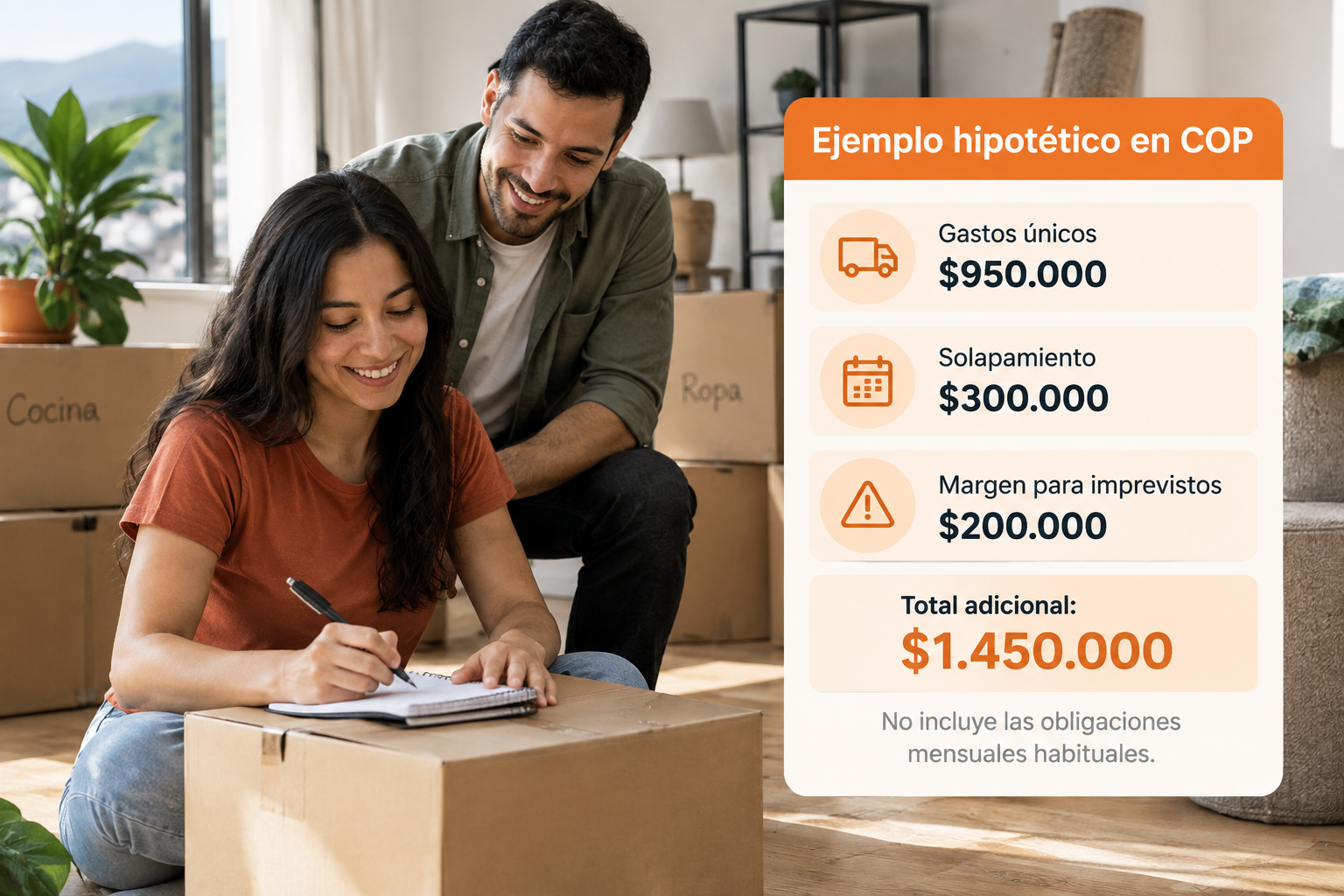 Desglose hipotético de una mudanza con un costo adicional total de $1.450.000 COP